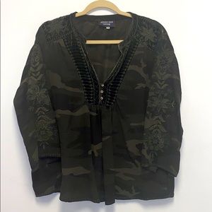 Johnny Was Hand Embroidered Camo Blouse